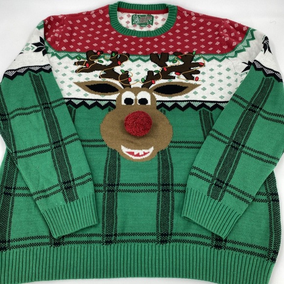 Ugly Christmas Sweater Rudolph Red Nose Reindeer Poop Candy Tail Back Men 2XL‎ - Picture 1 of 9